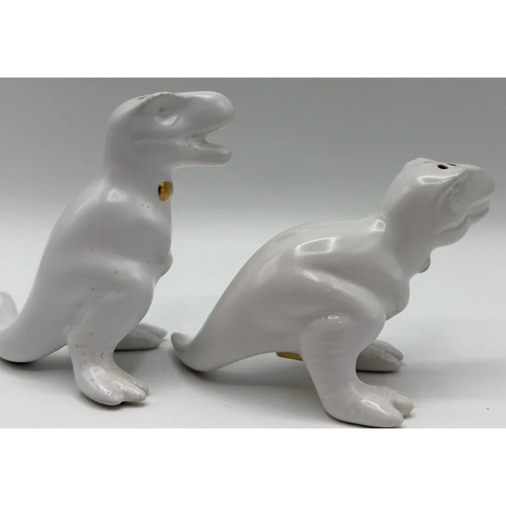 Target T-Rex Dinosaur White Ceramic Salt & Pepper Shakers Gold Bow Ties Retired.